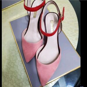 LOUISE ET CIE LOW ESPERANCE LEATHER SUEDE ANKLE STRAP HEELS